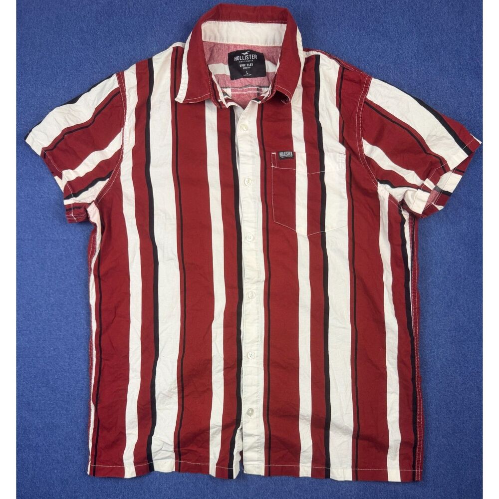 Hollister Epic Flex Mens L Red White Stripe Short Sleeve Button Up Shirt